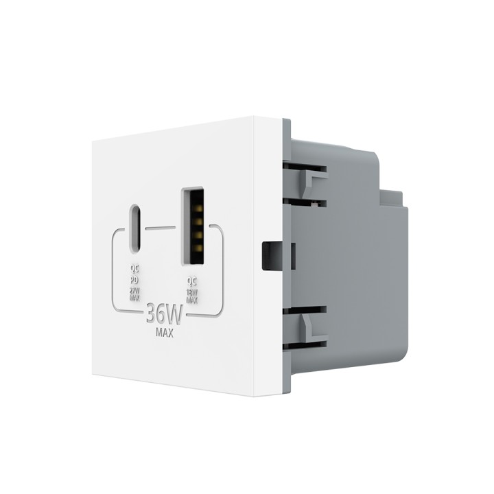 Mécanisme chargeur mural USB-A + USB-C – Charge rapide 36W - Blanc