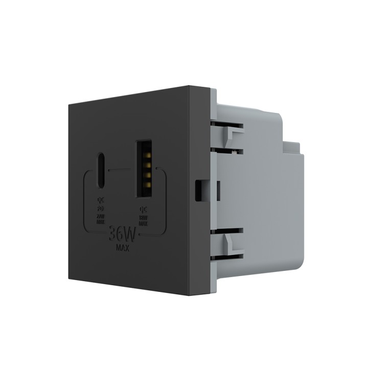 Mécanisme chargeur mural USB-A + USB-C – Charge rapide 36W - Noir