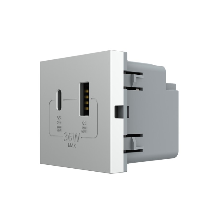 Mécanisme chargeur mural USB-A + USB-C – Charge rapide 36W - Gris