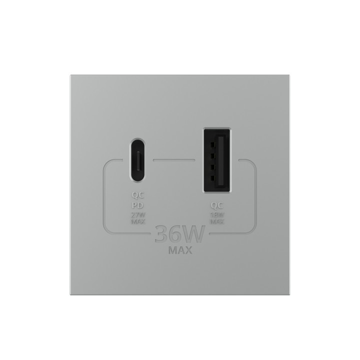 Mécanisme chargeur mural USB-A + USB-C – Charge rapide 36W - Gris